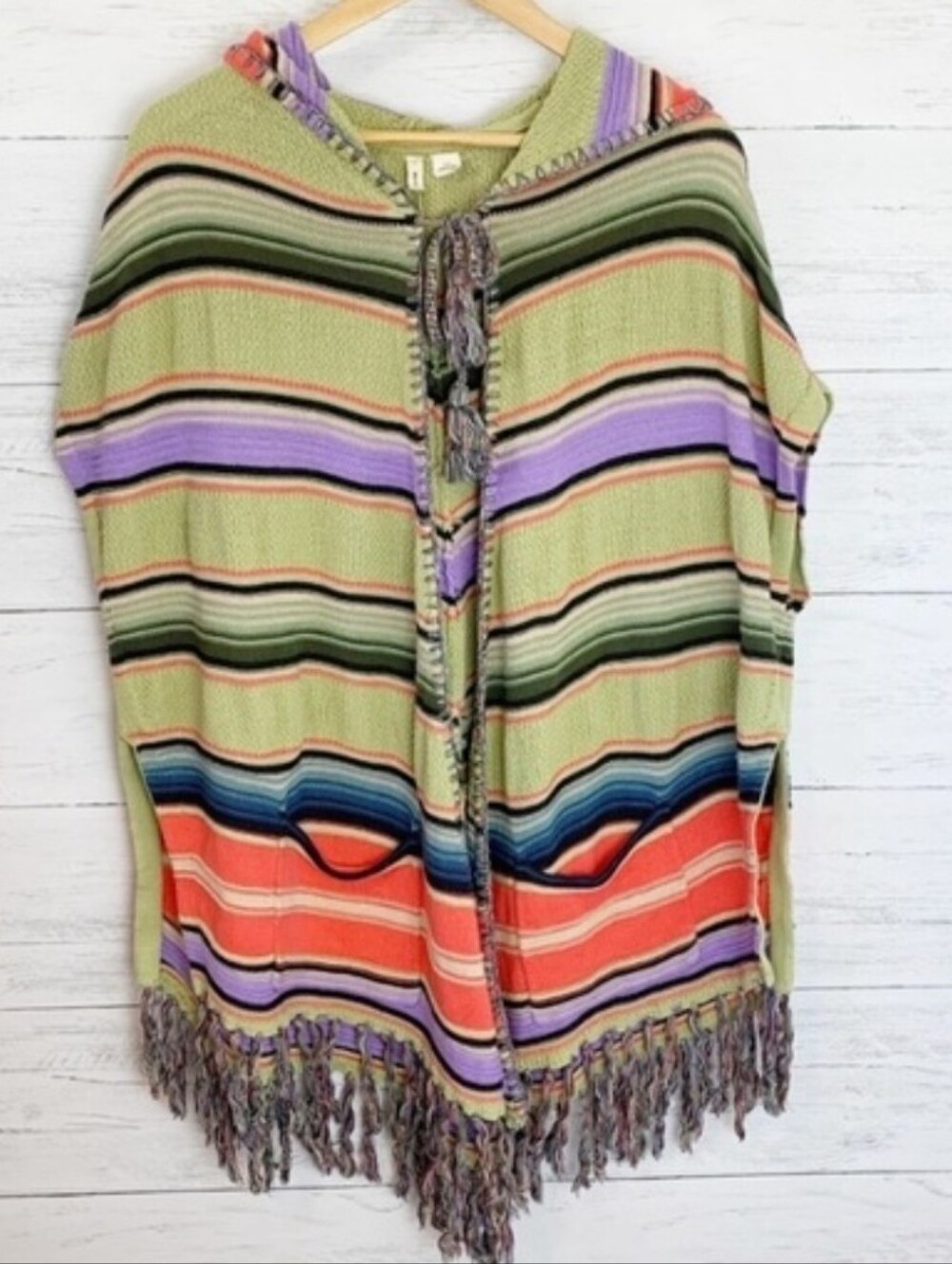 Anthropologie Moth Striped Hooded Fringe Poncho - Green & Coral Size M/L